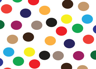 Vibrant seamless pattern of colorful polka dots scattered on a clean white background