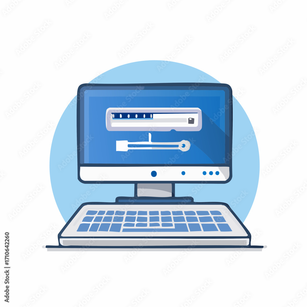 Poster desktop computer with loading bar and progress indicator on screen