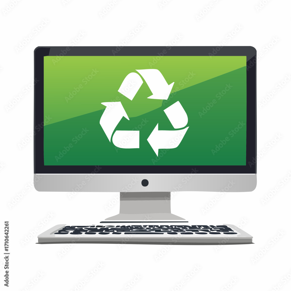 Poster computer monitor with green screen displaying recycling symbol and keyboard