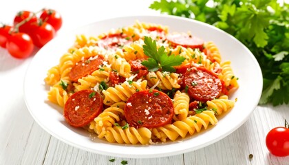 Spiral pasta with sausage and tomato sauce