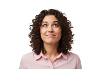 Young woman with curly hair looking up with a playful expression isolated on transparent background