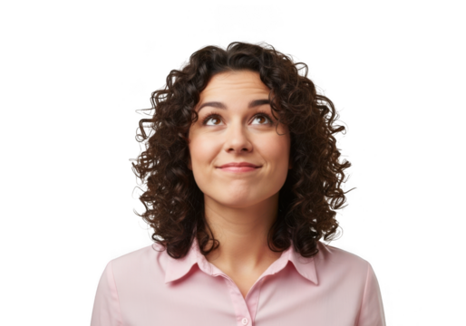 Young woman with curly hair looking up with a playful expression isolated on transparent background