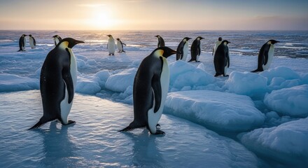 Majestic Emperor Penguins Standing on Shimmering Ice Floes in the Antarctic at Golden Hour Sunset.
