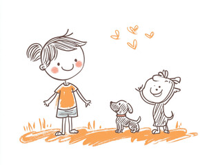 Naklejka premium A whimsical child-like drawing of a boy and a girl playing with a dog in a grassy field under the sun.