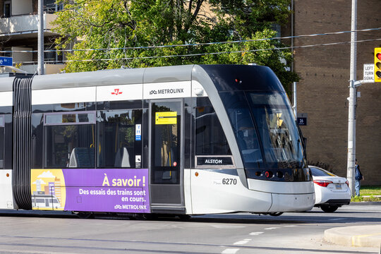Toronto, Canada; September 12, 2025;  The Alstrom name prominent on a  train of new the TTC Metrolinx Toronto Eglinton Cross Town Light Rapid Transit LRT system