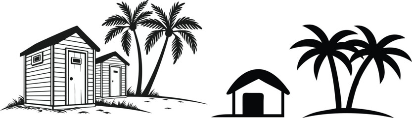 Obraz premium silhouette of Tropical island scene with palm trees and huts