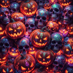 Pumpkins and skulls glow in dreamscape—colorful Halloween magic with soft light and spooky charm.