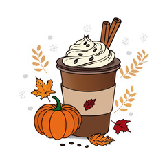 Pumpkin Spice Latte To-Go Cup Vector Illustration with Whipped Cream, Pumpkins, and Autumn Leaves