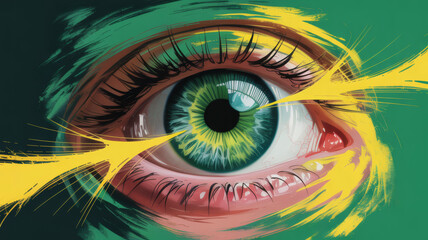 Surreal Green Eye Digital Artwork with Radiant Yellow Energy Bursts and Abstract Brush Strokes