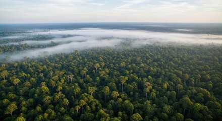 Breathtaking Aerial View of a Vast, Dense Forest Canopy with Morning Mist Gently Floating Above the Trees.