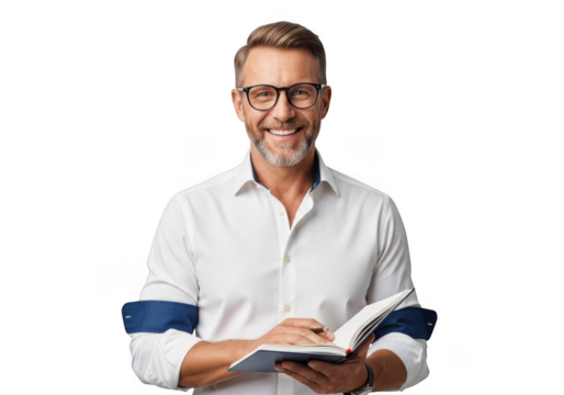 Smiling man wearing glasses holding a book isolated on transparent background