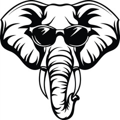 Cool elephant wearing black sunglasses displays a contemporary head profile in monochrome
