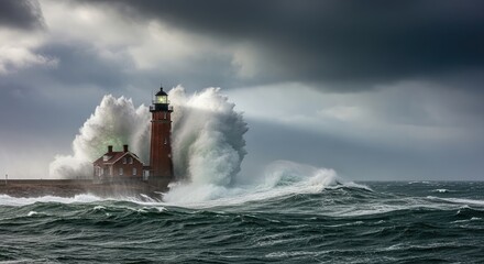 Iconic Lighthouse Enduring Powerful Crashing Waves During a Violent Storm on a Dark, Cloudy Day.