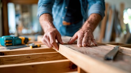 Closeup medium shot of a person fitting wooden panels together from a flatpack furniture kit with tools and instruction manual blurred in the background.