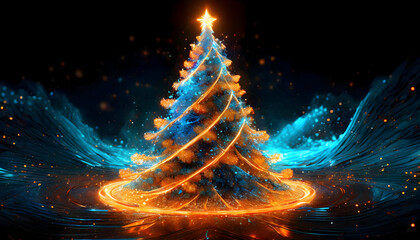 3D Abstract realistic illustration of neon light featuring orange and blue xmas tree on digital art concept, Generative AI.