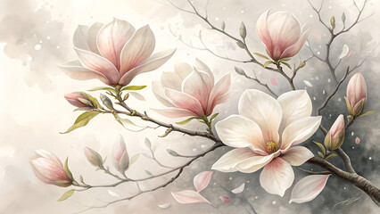 Delicate watercolor painting of pale pink and white magnolia blossoms on bare branches in soft light