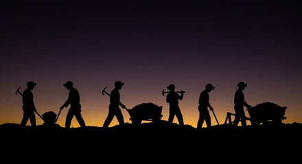 Fototapeta premium Group of laborers working at night. Silhouettes of men with tools digging earth. Hard work, construction, or mining concept.