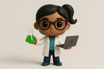 Cartoon scientist with flask and laptop &mdash; Labor Day profession concept