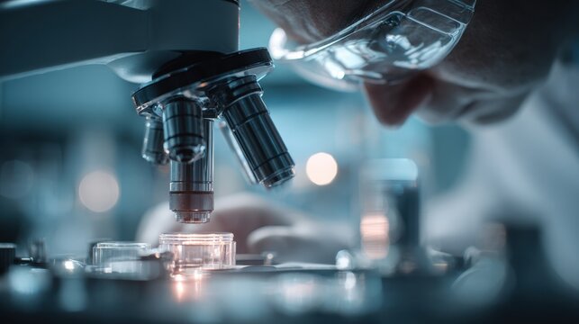 Medium shot of a scientist examining grain samples under a microscope in a controlled lab environment focused on germination testing with blurred background equipment