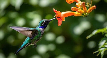 Colorful Hummingbird Hovering, Feeding Nectar from a Bright Orange Tropical Flower in a Lush Garden.