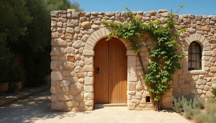 Rustic Stone Building with Wooden Door and Climbing Vine in Mediterranean