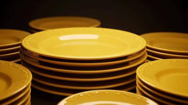 Stacks of Yellow Plates in Warm Lighting Kitchen Still Life