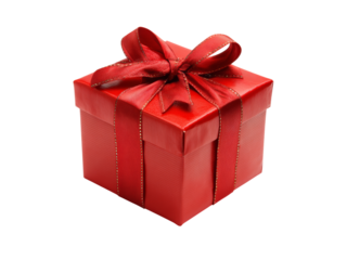Red gift box with elegant ribbon bow isolated on black background, Isolated On White, Png Transparent