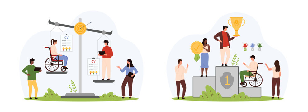 Discrimination in employment, ableism set. Tiny people select CV employees using scales and podium, bias and prejudice, unequal employment rights for person with disability cartoon vector illustration