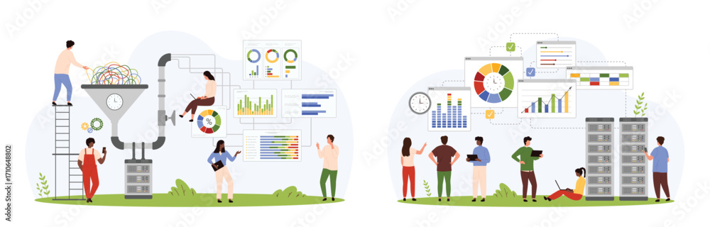 Poster data mining, classification of digital information and tech documents set. tiny people work with big