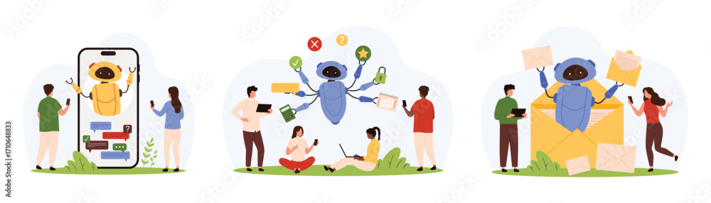 Poster support from bot to customers set, answers to questions, faq and gpt chat service. robot on mobile p