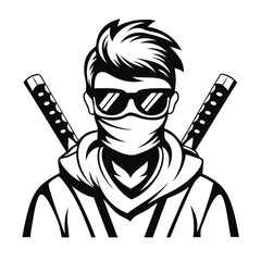 Cool figure wearing sunglasses and mask displays two swords behind, creating a silhouette