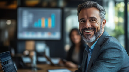 Fototapeta premium Smiling businessman presenting data on screen to colleagues in conference room
