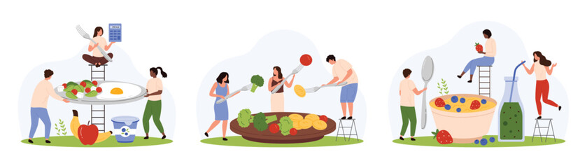 Healthy breakfast food set. Tiny people count calories of morning plate with calculator, characters holding forks and spoons to eat broccoli and fried egg, berry porridge cartoon vector illustration
