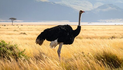 Fototapeta premium A majestic ostrich strolls across a golden savanna landscape, a tranquil scene of wildlife and nature.