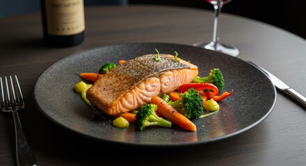 Grilled salmon fillet with fresh vegetables served on a black plate.