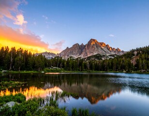 Fototapeta premium Mountain lake at sunset reflecting vibrant clouds