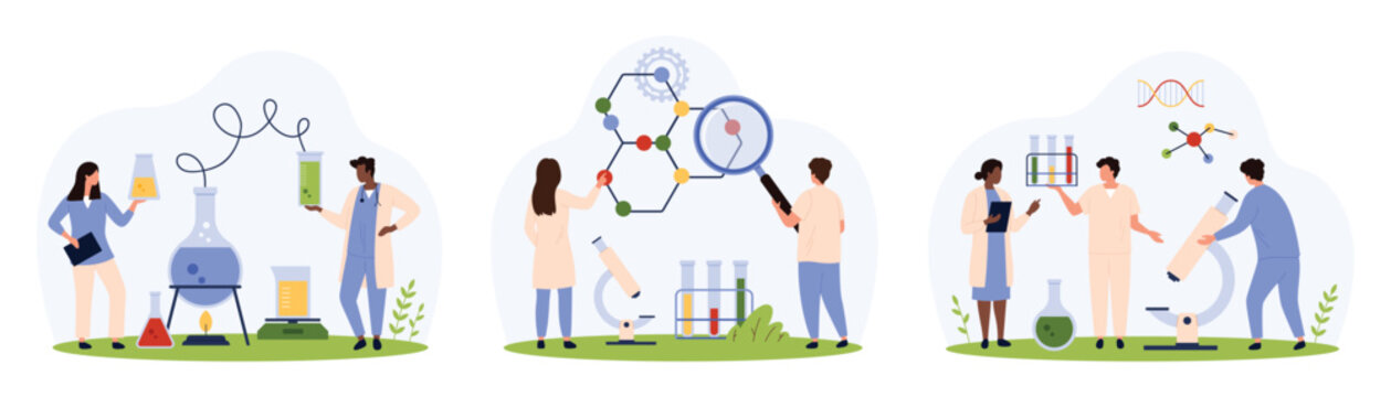 Chemical laboratory research set. Tiny people doing scientific experiments with microscope and test tubes, scientists study molecular structure with magnifying glass cartoon vector illustration