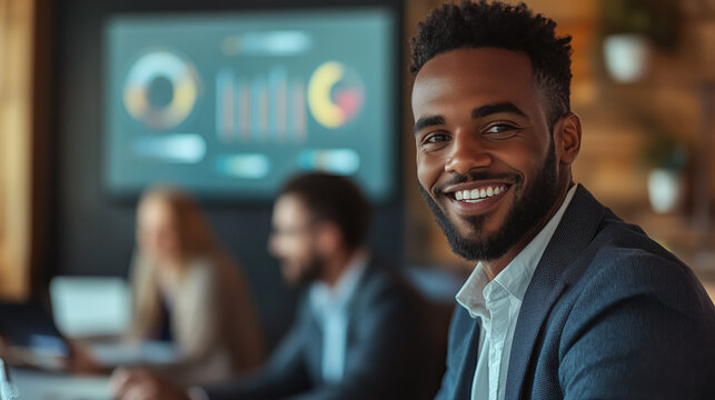 Smiling businessman presenting data on screen to colleagues in conference room