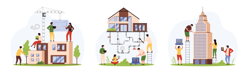 Construction and renovation of house, installation of underground water supply system set. Tiny people work with building project, engineers modeling infrastructure cartoon vector illustration