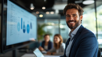 Smiling businessman presenting data on screen to colleagues in conference room