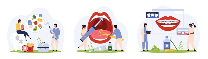 Nutrition, hygiene and braces for dental health set. Tiny people holding electric toothbrush and tongue cleaner to clean, advise healthy eating and bite correction cartoon vector illustration