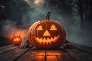 Glowing Halloween Jack-o’-Lantern Pumpkin on Wooden Table and background hands with Smoke and Candlelight