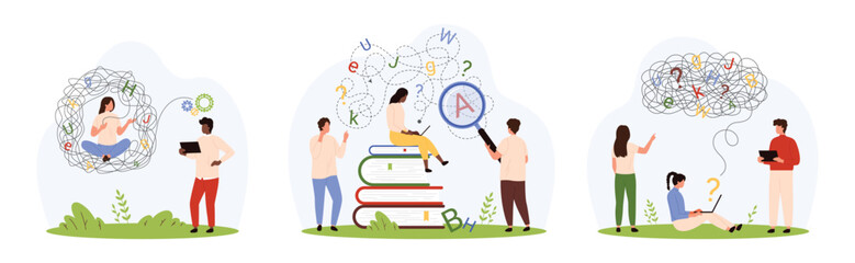 Difficulty in writing and reading, dyslexia brain disorder set. Tiny people help with learning and understanding problems, research chaos of letters with magnifying glass cartoon vector illustration