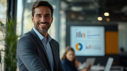Smiling businessman presenting data on screen to colleagues in conference room