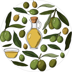 Olive oil, berry branch with green leaves circle round composition logotype. Vector graphic line ink colored illustration. wedding invitation and cards, logo design and posters template.