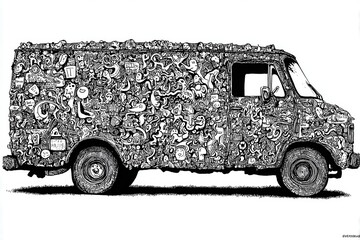 A creatively designed food truck covered in intricate doodles parked on a grassy area