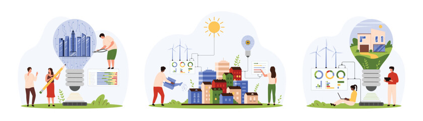 Green energy project for eco friendly city set. Tiny people save environment with houses inside light bulb, urban landscape with buildings, solar panels and wind turbines cartoon vector illustration