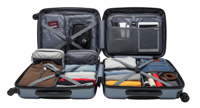 Open Gray Suitcase Packed with Clothes Passport Headphones and Travel Accessories. - Powered by Adobe