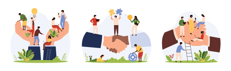 Support and care for wellbeing of employees from corporate leader, workers union set. Giant hands hold tiny people with assistance in career growth, social protection cartoon vector illustration