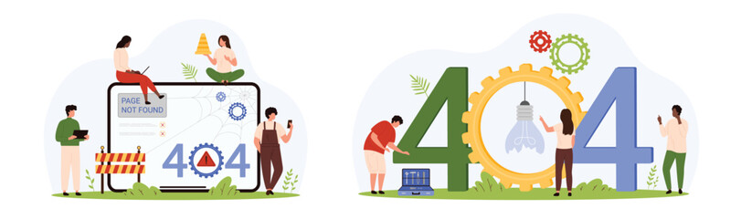 404 error, page not found set. Tiny people of technical maintenance service and lost url search fail, type of creative warning failure message of server about mistake cartoon vector illustration